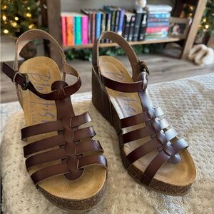 Blowfish Brown Leather Wedge Sandals, Size 8.5